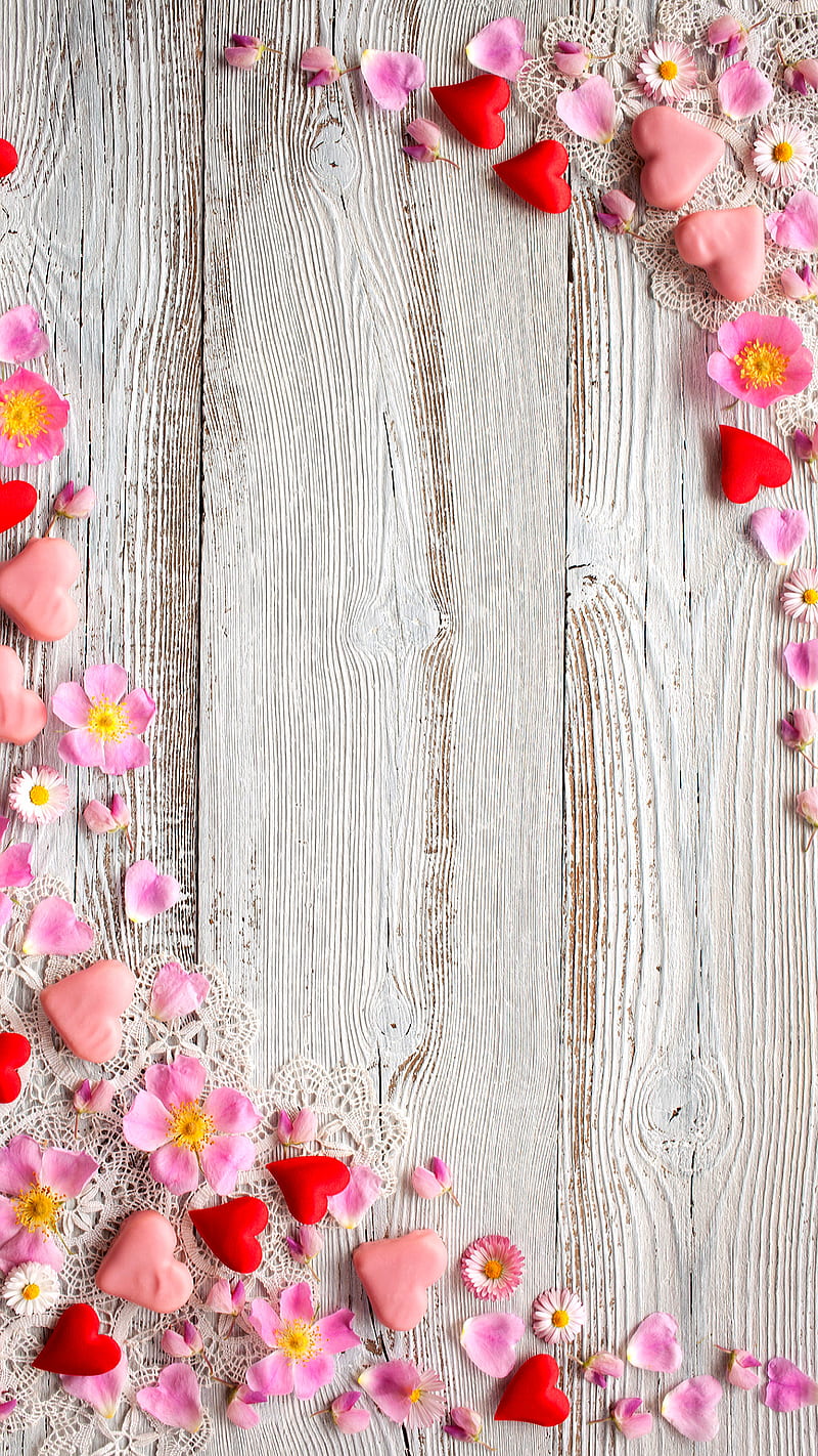 Love hearts, flower, heart, love, pink, red, wood, HD phone wallpaper