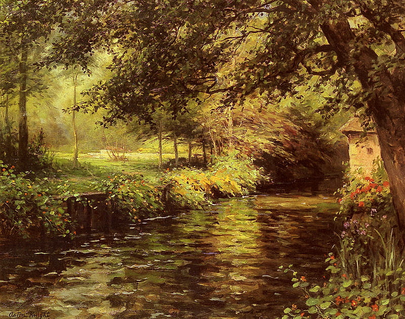 A Sunny Morning at Beaumont­Le Roger, by Louis Aston Knight, forest, art, painting, louis aston knight, river, HD wallpaper