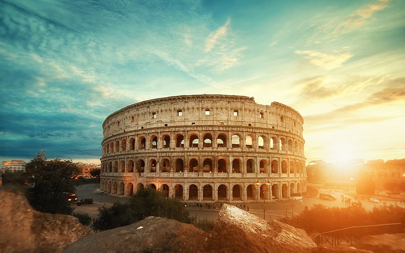 Colosseum, sunset, italian landmarks, Rome, old architecture, Italy, Europe, HD wallpaper