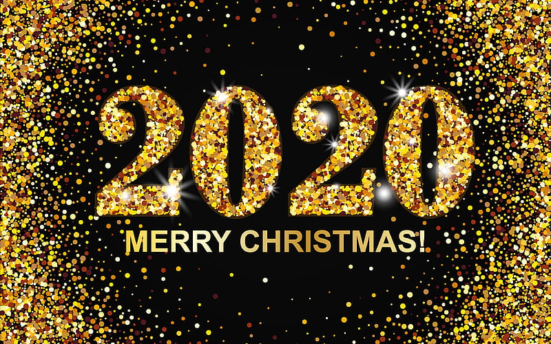 Happy New Year 2020 black background, creative, 2020 golden glitter digits, 2020 glitter art, 2020 concepts, golden glitter digits, 2020 on black background, 2020 year digits, HD wallpaper