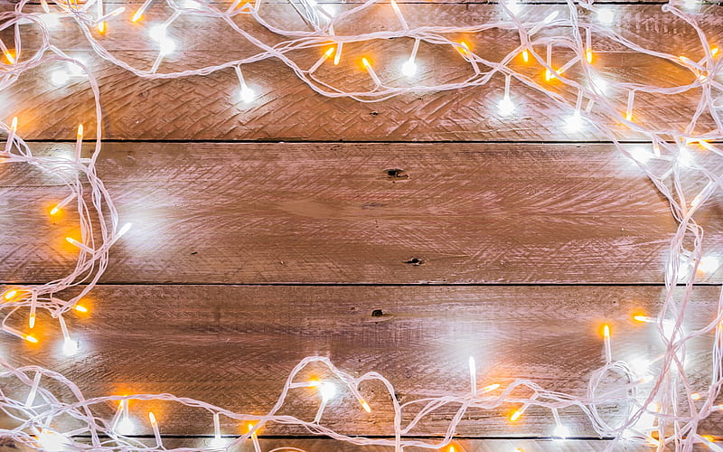 Christmas frame, garland, lanterns, wooden background, boards, wood texture, New Year, Christmas, patterns, HD wallpaper