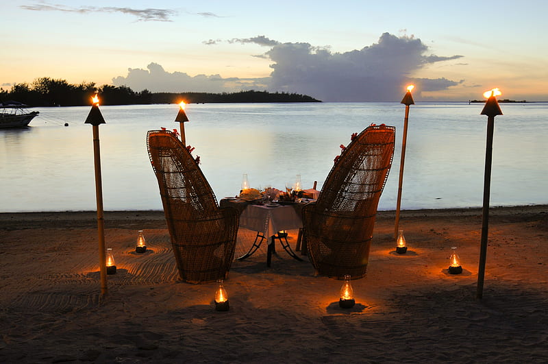 Candlelight Sunset Table for Two on Beach Bora Bora, dinner, dusk, candlelight, sunset, twilight, eat, sea, beach, bora bora, sand, dining, evening, south pacific, light, torches, islands, romantic, romance, ocean, table for two, candles, paradise, restaurant, island, tahiti, tropical, HD wallpaper