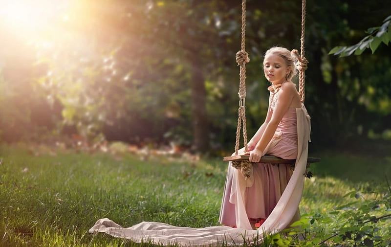 Cute Little Girl, summer, sun, swing, girl, HD wallpaper