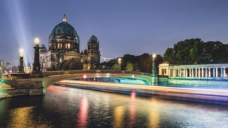 Night, Architecture, Berlin, Light, River, Germany, Cathedral, Dome, Religious, Berlin Cathedral, Cathedrals, HD wallpaper