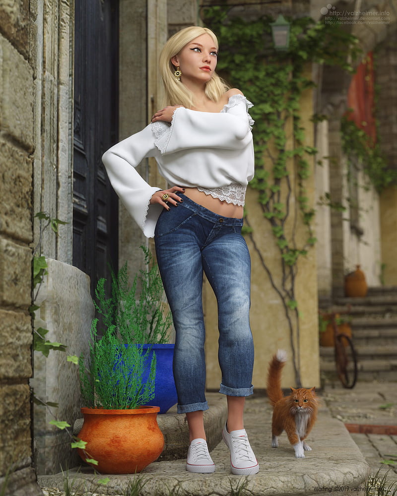 Verica Hupe, standing, bare midriff, women, looking away, belly button, jeans, digital painting, digital art, blonde, white tops, cats, looking at the side, belly, CGI, hand on belly, shoulder length hair, 3D, portrait display, ArtStation, HD phone wallpaper