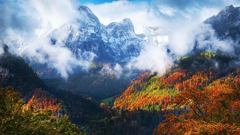 Autumn at Glarus, Switzerland, alps, fall, landscape, clouds, trees, colors, HD wallpaper