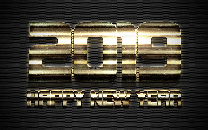 2019 year, Happy New Year, art, golden letters, congratulation, metal grid background, 2019 concepts, New Year, HD wallpaper
