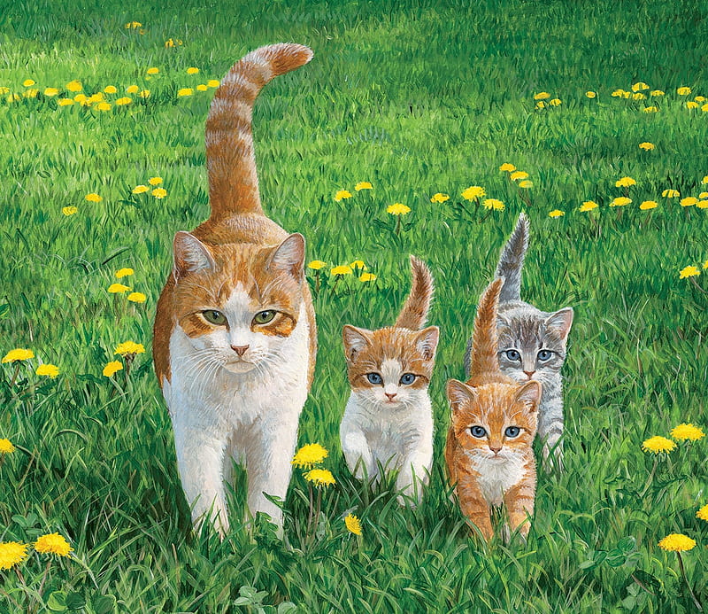 Mother cat and kittens, family, art, green, grass, flower, painting, cat, kitten, HD wallpaper