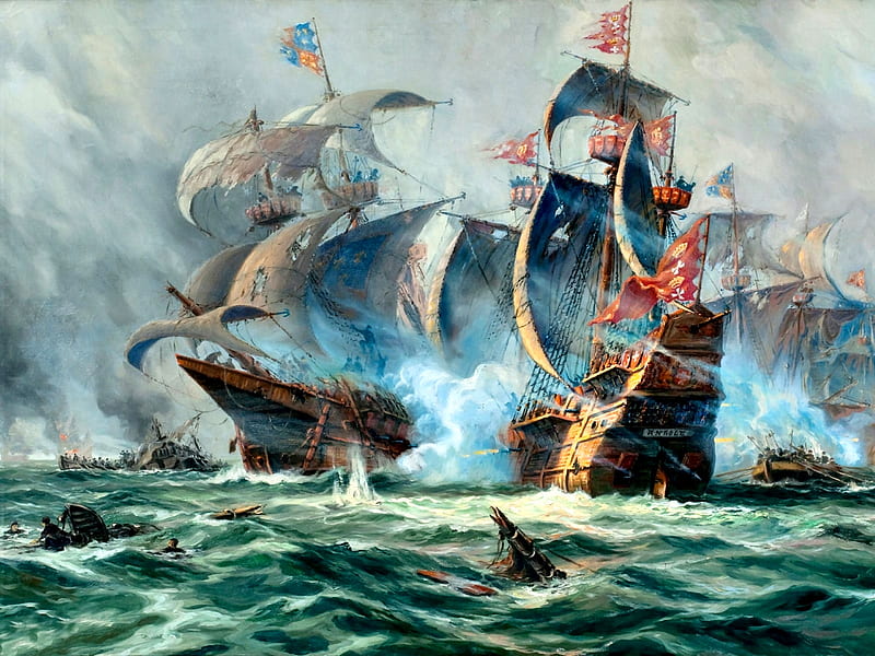 Sea Battle C, art, ocean, bonito, waves, sailing ship, artwork, sea, battle, high seascape, painting, wide screen, scenery, HD wallpaper