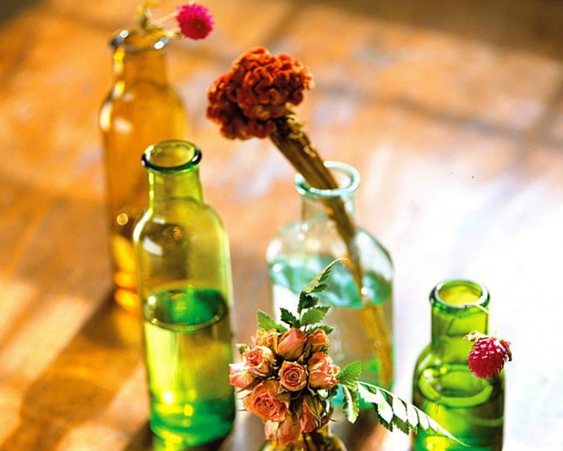 Flowers and Bottles, flowers, bottles, floor, green, HD wallpaper