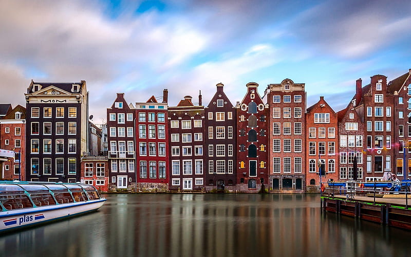 Amsterdam, houses, spring, canals, motor ships, Netherlands, Holland, HD wallpaper