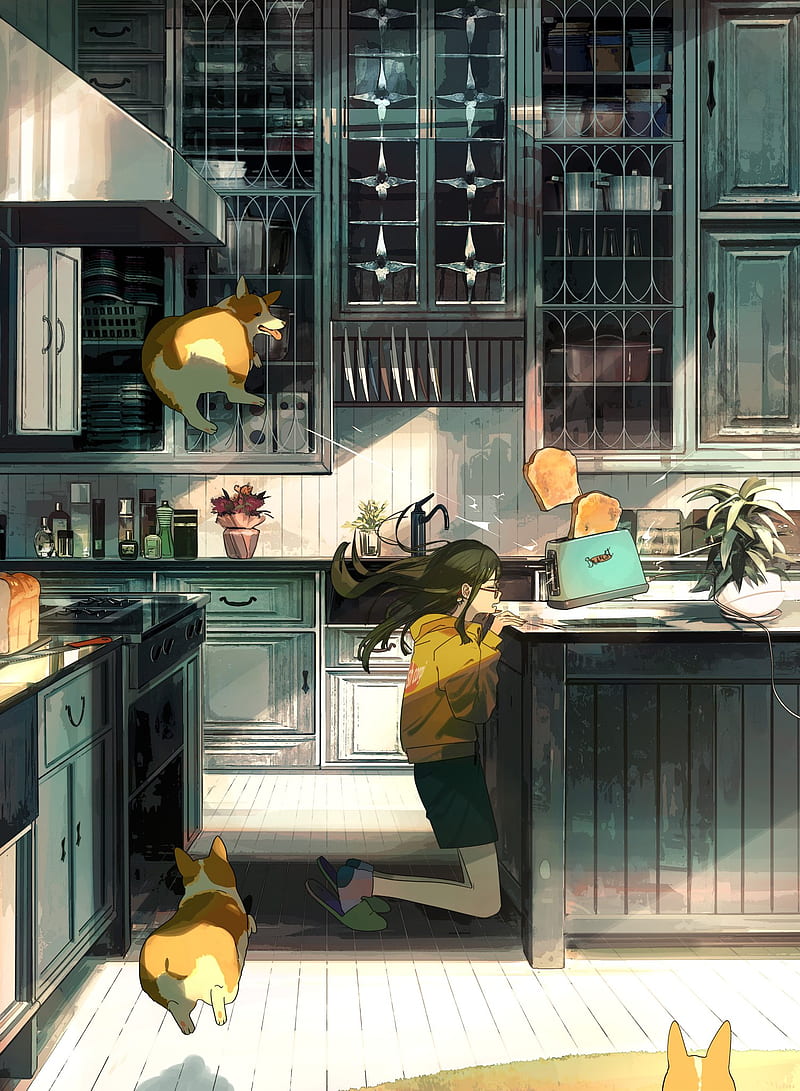 dog, toast, wind, bread, kitchen, toaster, anime, brunette, HD phone wallpaper