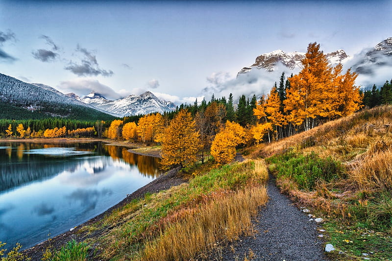 Autumn, fall, colorful, clouds, leaves, path, river, road, forest ...