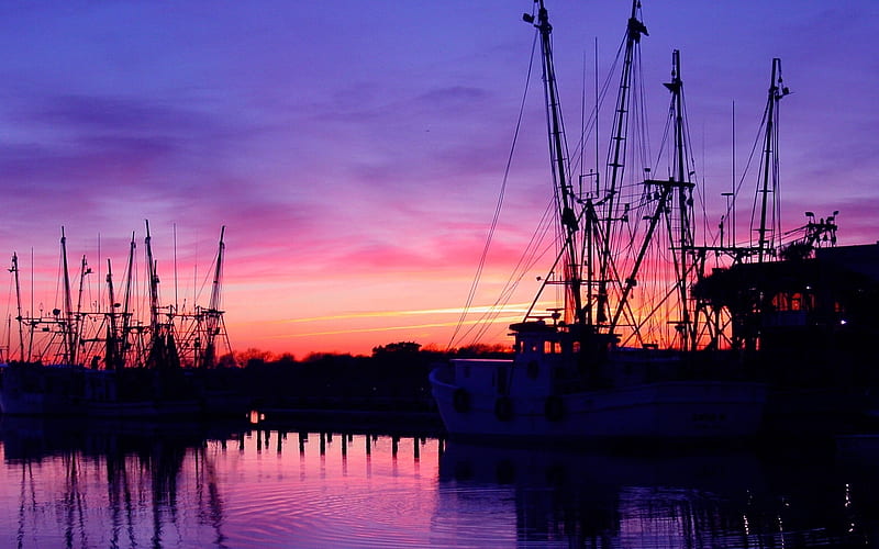 fishing trawlers, sunset, ocean, trawler, fishing, HD wallpaper