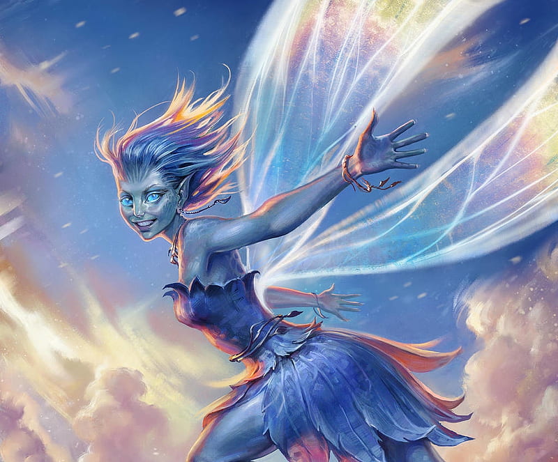 Bluebell pixie, wings, fantasy, girl, luminos, igor grechanyi, white, fairy, blue, wind, HD wallpaper