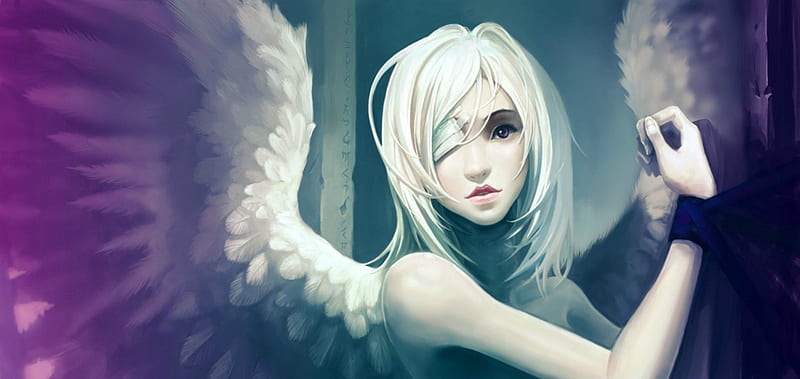 Angel, wings, eye, fantasy, girl, purple, feather, beauty, white, blue, HD wallpaper