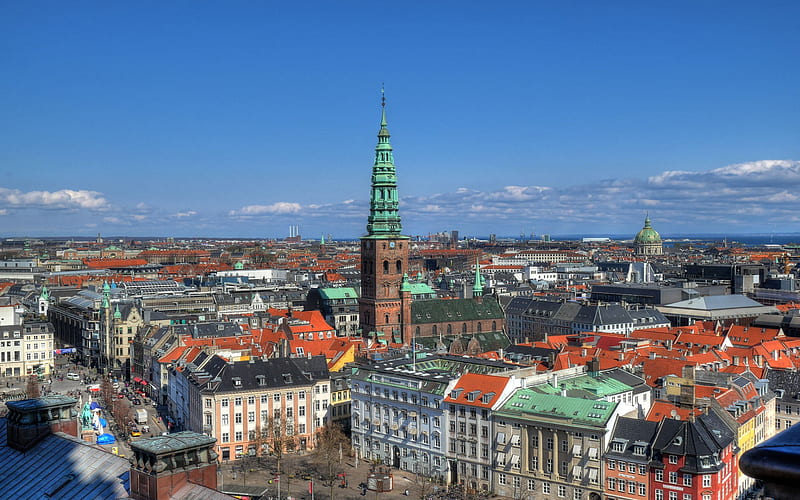 City Hall Square, Copenhagen, chapel, old architecture, landmark, Denmark, capital, HD wallpaper