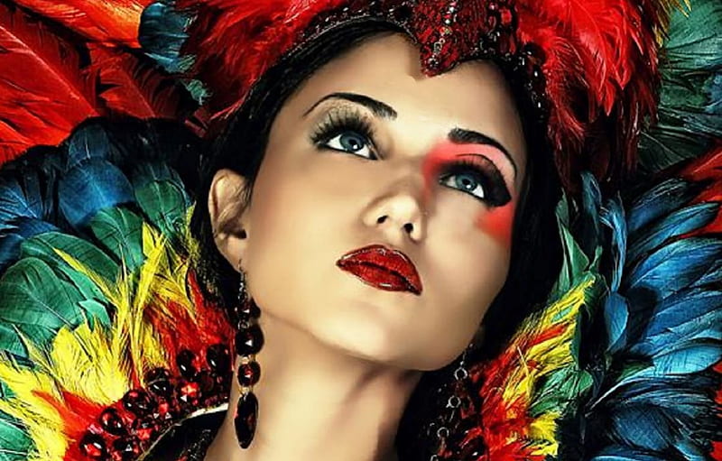 Vibrant Colored Beauty Painting, red, colors, black, yellow, woman, artwork, green, makeup, painting, vibrant, beauty, peach, white, blue, HD wallpaper