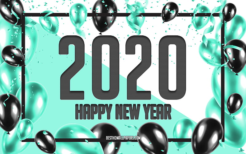 Happy New Year 2020, Turquoise Balloons Background, 2020 concepts, Turquoise 2020 Background, Turquoise Black Balloons, Creative 2020 Background, 2020 New Year, Turquoise Christmas background, HD wallpaper