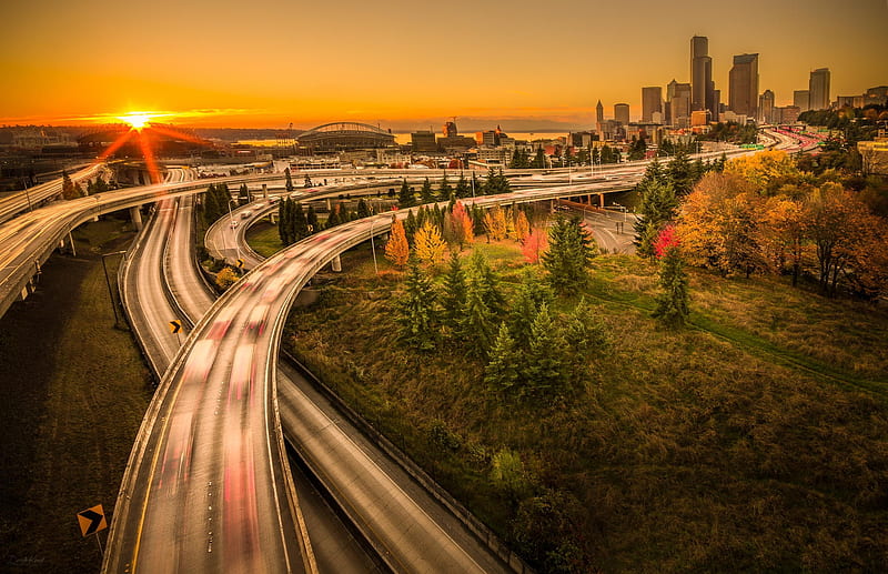 highways into seattle at sunset, city, highways, sunset, trees, lights, skyscrapers, HD wallpaper