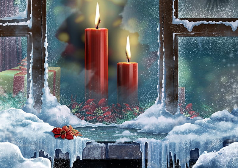 CHRISTMAS CANDLES, WINTER, CHRISTMAS, SNOW, ICE, CANDLES, WINDOW, RED, HD wallpaper