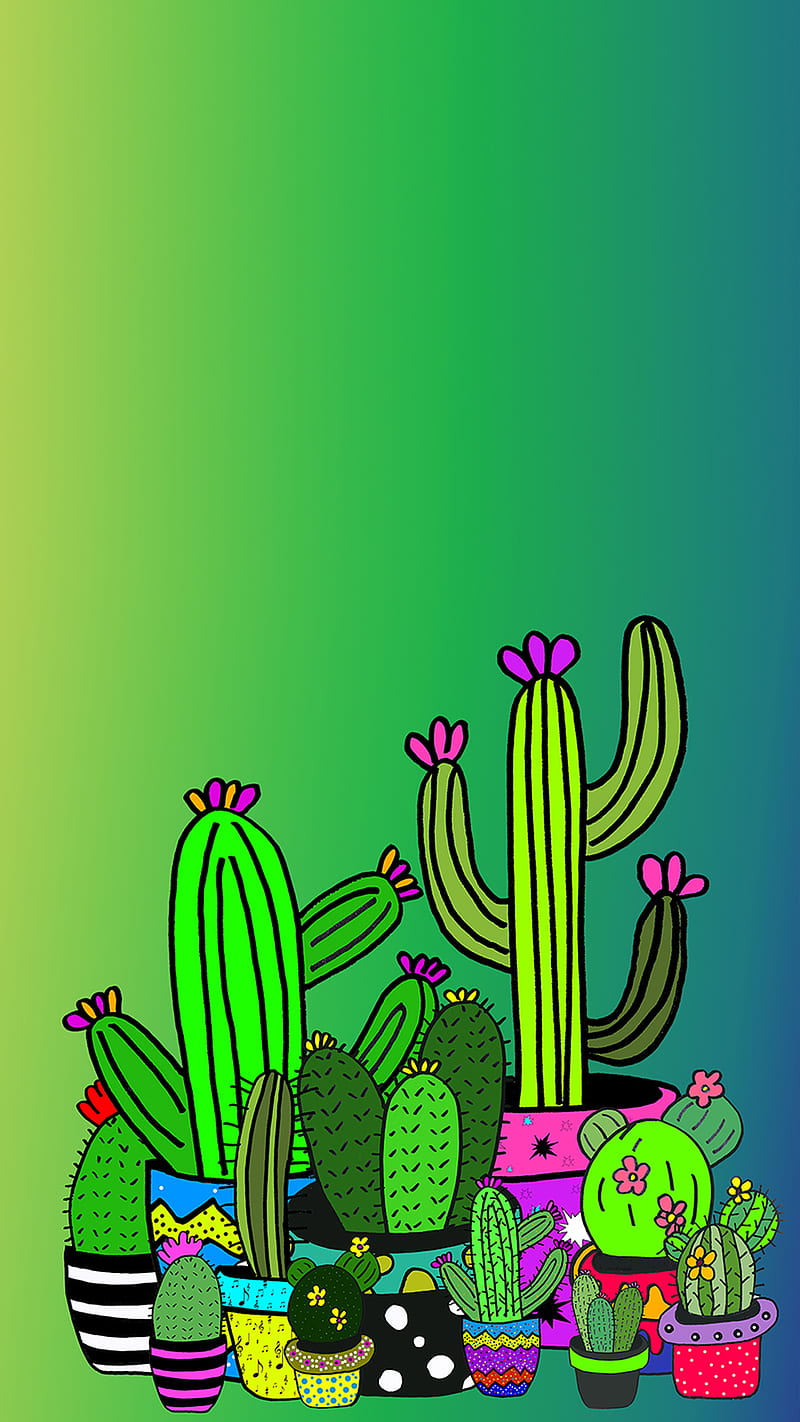 cute cactuses colors, Cactus, blue, cactuses, desert, drawing, green, nature, plant, tropical, yellow, HD phone wallpaper