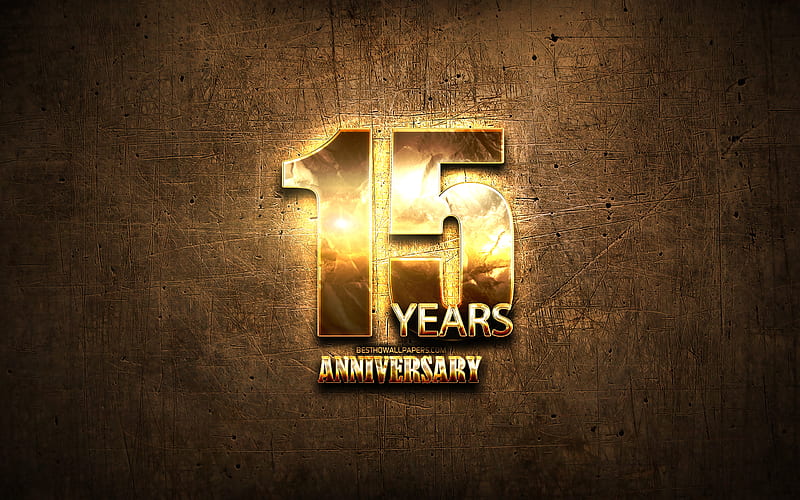 15 Years Anniversary, golden signs, anniversary concepts, brown metal background, 15th anniversary, creative, Golden 15th anniversary sign, HD wallpaper