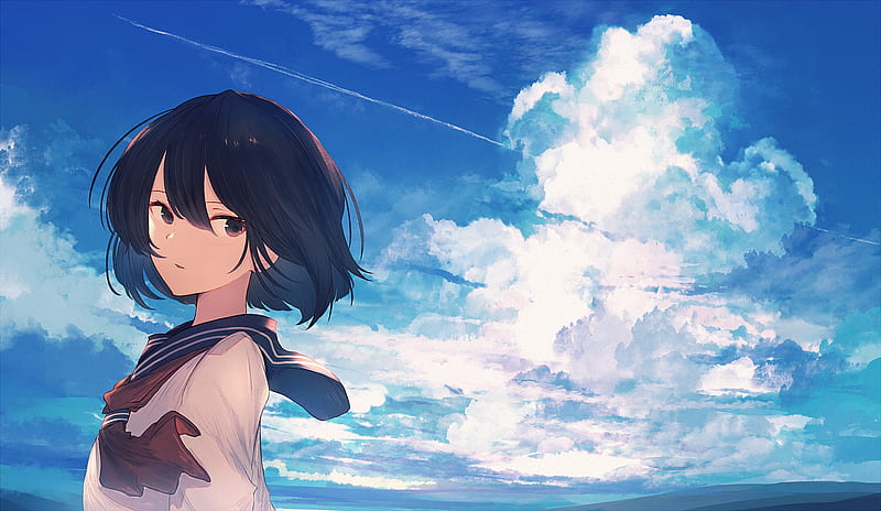 anime school girl, clouds, sky, short hair, ribbon, Anime, HD wallpaper