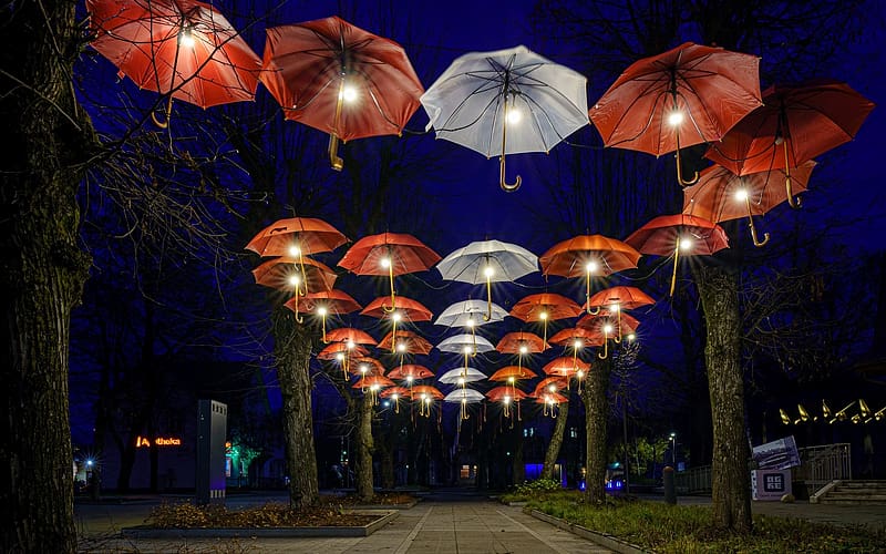 Happy Birtay, Latvia!, alley, umbrellas, red, white, Latvia, flag, HD wallpaper
