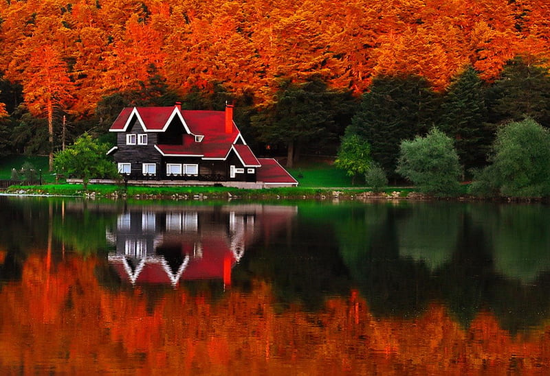 Casa a orillas del lago, rojo, bonita, vistoso, otoño, casa, orilla del río,  Fondo de pantalla HD | Peakpx
