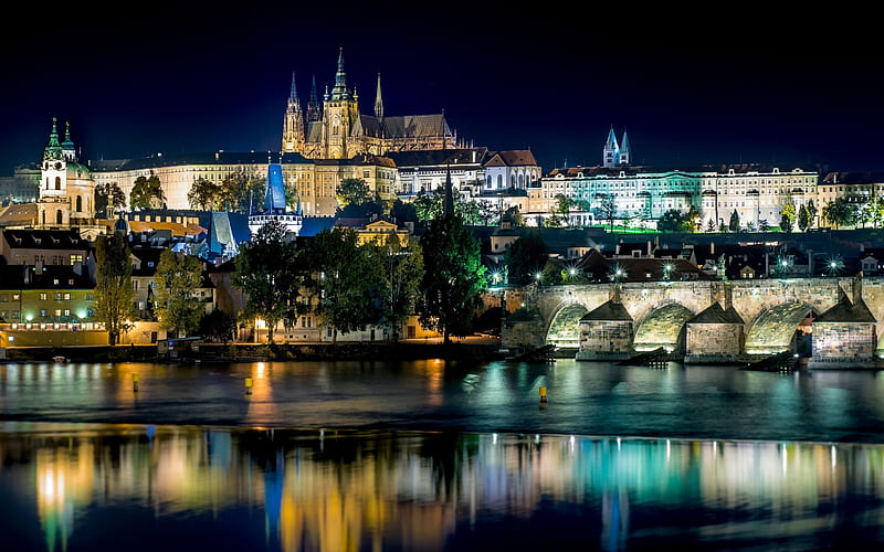 Prague, czech cities, nightscapes, river, bridges, Czech Republic, Europe, HD wallpaper
