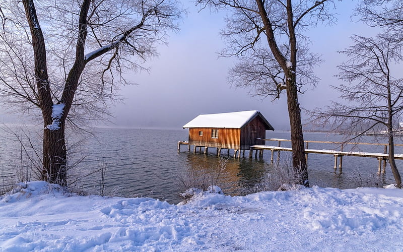 Winter Lake, water, snow, boathouse, pier, trees, landscape, HD wallpaper