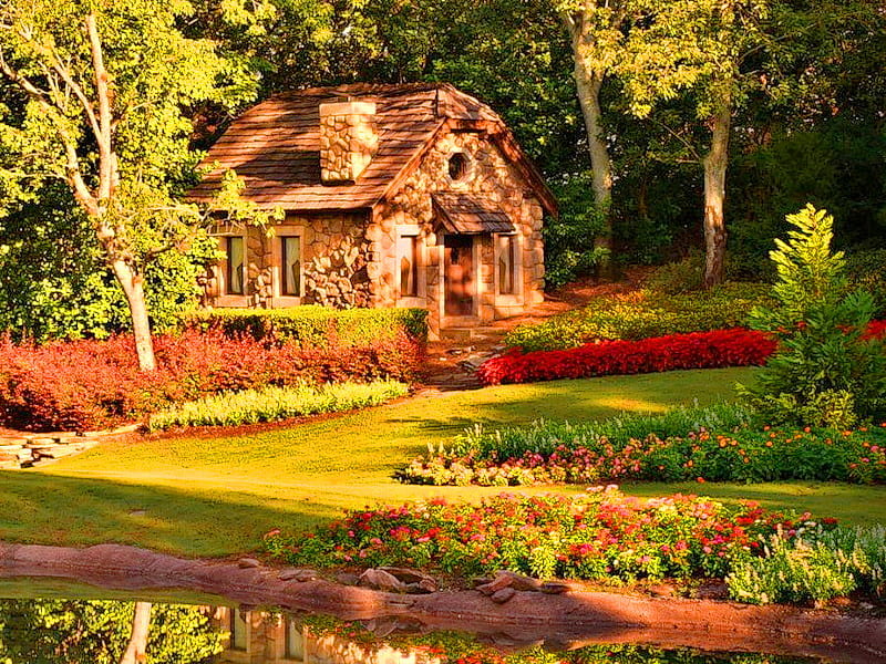 Beautiful house in the forest, forest, house, stone house, flowers, nature, bonito, trees, HD wallpaper