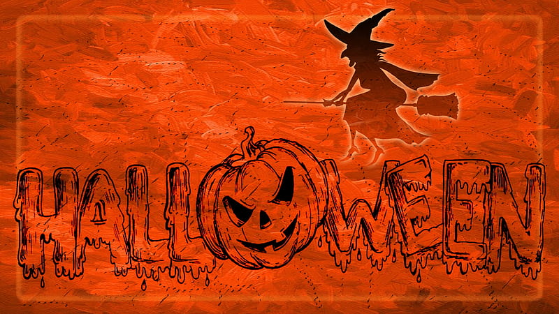 Orange Halloween, Jack O lantern, Pumpkin, orange, Flying witch, Halloween, broom, Wirch, HD wallpaper