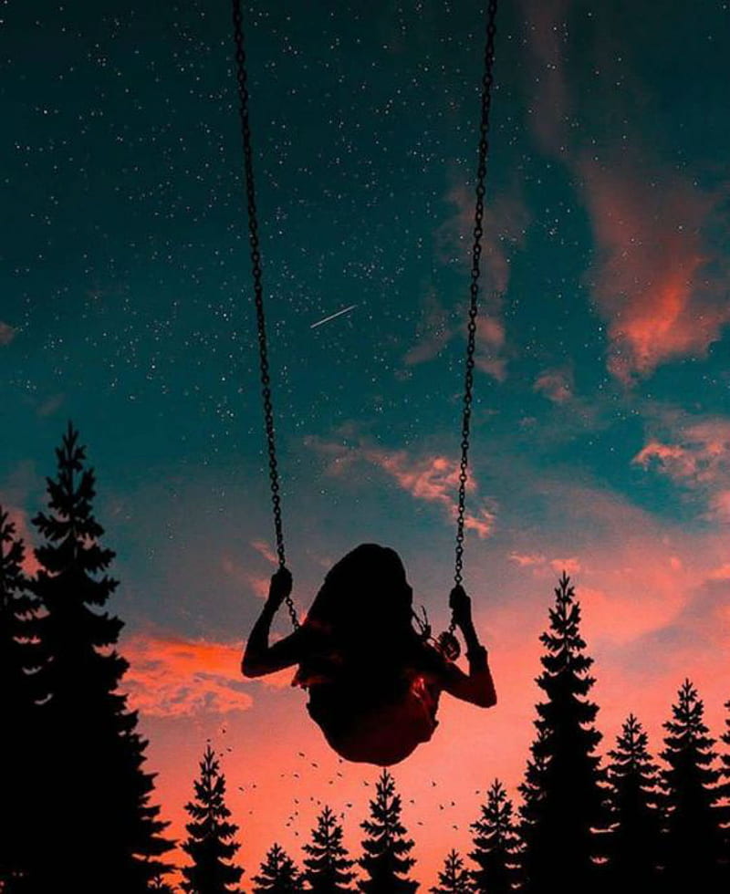 Solo, swing, girl, silhouette, nature, forest, trees, outdoors, nightfall, sunset, HD phone wallpaper
