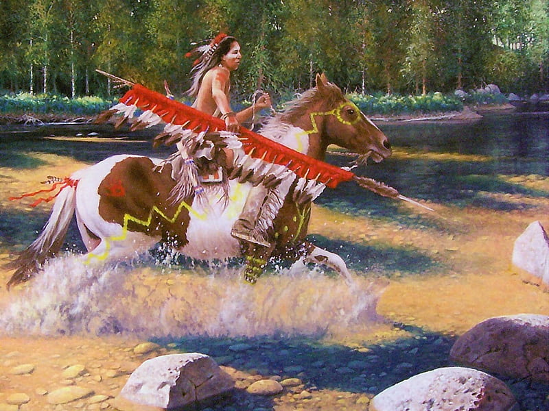 The Young Warrior, forest, warrior, young man, indian, river, brave, horse, native american, HD wallpaper