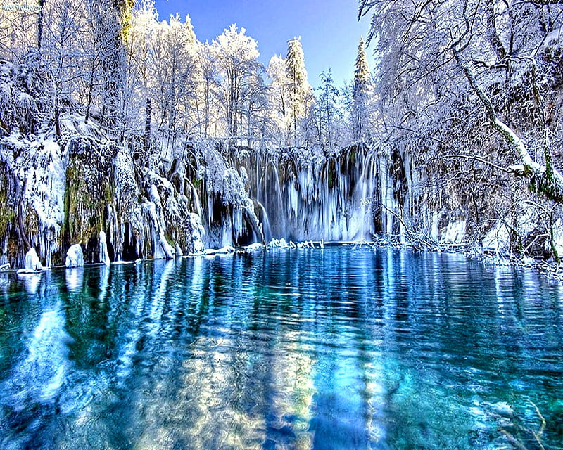 Water Wonderland, blue, reflection, sky, snow, water, winter, wonderland, HD wallpaper