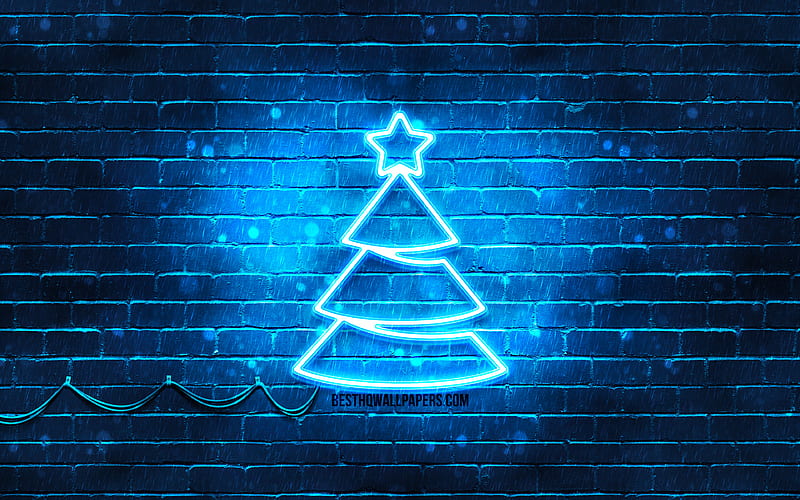 Blue neon Christmas Tree blue brickwall, Happy New Years Concept, Blue Christmas Tree, Xmas Trees, Christmas Trees, HD wallpaper