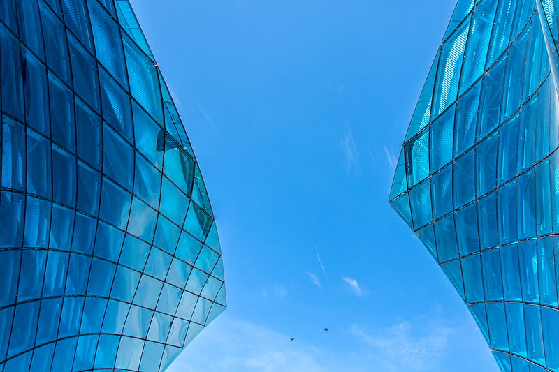 building, bottom view, architecture, glass, sky, blue, HD wallpaper