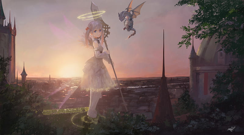 titan anime girl, dragon, fantasy world, angel ring, white dress, spear, Anime, HD wallpaper