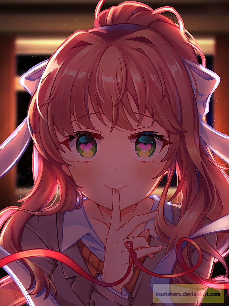 Monika (Doki Doki Literature Club), Doki Doki Literature Club, green eyes, visual novel, DDLC, video game girls, video games, video game characters, Video Game Horror, video game art, looking at viewer, heart eyes, DeviantArt, finger on lips, depth of field, school uniform, hair blowing in the wind, HD phone wallpaper