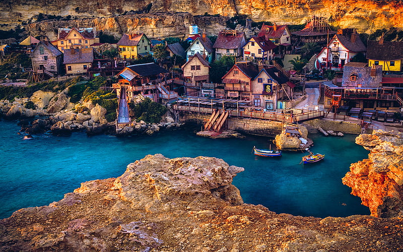 Popeye, bay, sea, coast, village, Malta, Europe, HD wallpaper