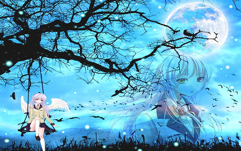 Alone with Swing !, female, cloud, angel beats, birds, tree, moon, swing, dark, tachibana kanade, HD wallpaper