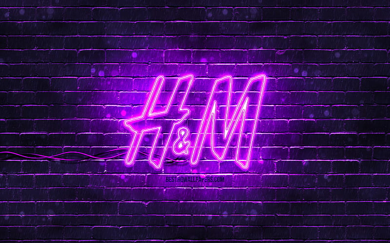 H and M violet logo violet brickwall, H and M logo, fashion brands, H and M neon logo, H and M, HD wallpaper