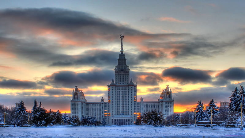 government building in old soviet union r, building, r, trees, clouds, winter, HD wallpaper