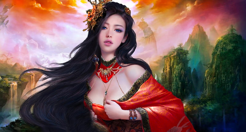 Asian Beauty, red, pretty, art, bonito, woman, fantasy, girl, digital, long hair, HD wallpaper
