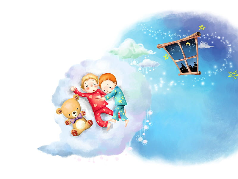drawing, clouds, kids, sleep, childhood, pajamas, window, month, stars, teddy bear standard 4:3 background, HD wallpaper