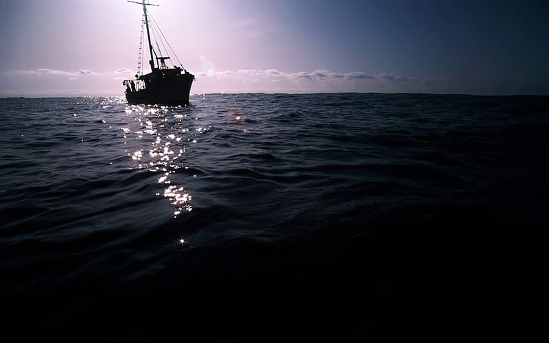Dark Boat On Sea, water, cloud, clean, sunshine, sky, HD wallpaper