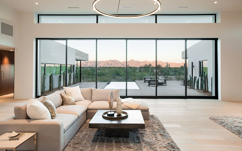 living room, modern interior design, large round chandelier, living room modern interior design, white sofa, HD wallpaper