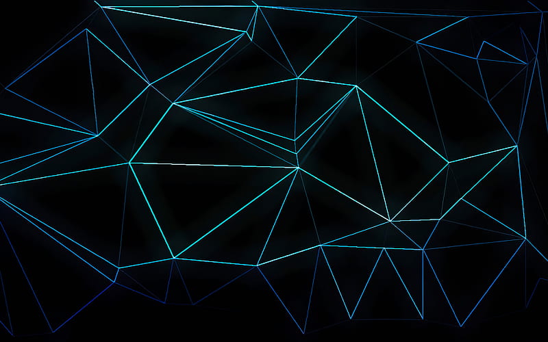 neon geometric shapes, network concepts, geometry, creative, black backgrounds, blue neon lines, geometric shapes, HD wallpaper